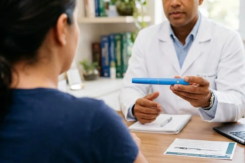 Médico explicando para paciente sobre caneta emagrecedora.