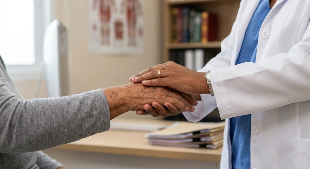 Médica segurando na mão de um paciente